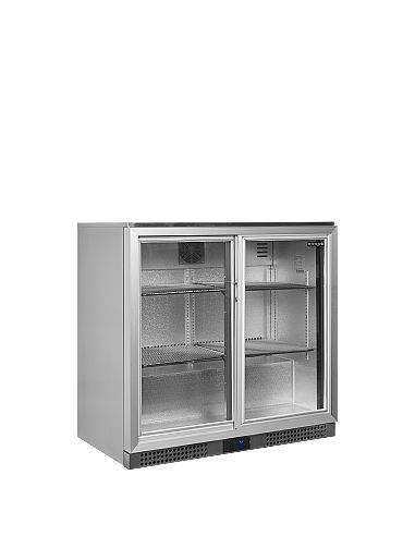 Arrière bar inox deux portes vitrées coulissantes et clayettes chromées - 191 litres - BA26SS